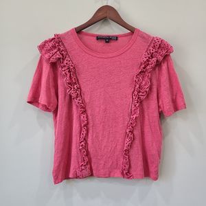 Veronica Beard Jeans Women Prema Eyelet Shirt Large Coral Pink Ruffle 100% Linen